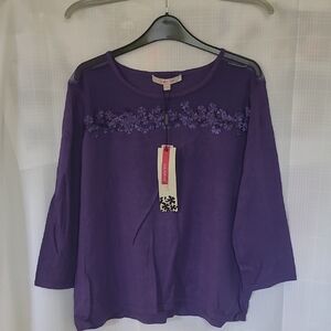 Jacques Vert Purple Floral-Trim / Sheer Knit Sweater Top - Size XL - NWT